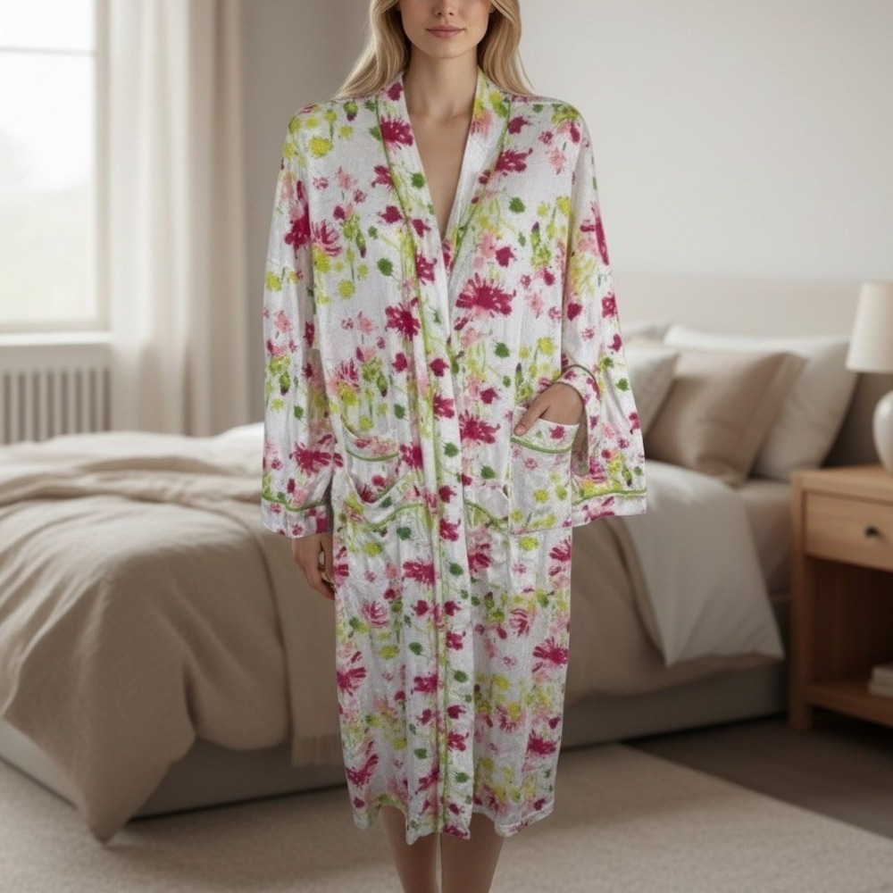 Soft Surroundings Floral Splatter Robe Pink Lime Green White Petite Large NWT‎